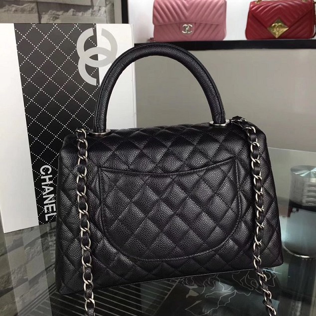 2017 CC original grained leather flap bag with top handle medium A92990 black 