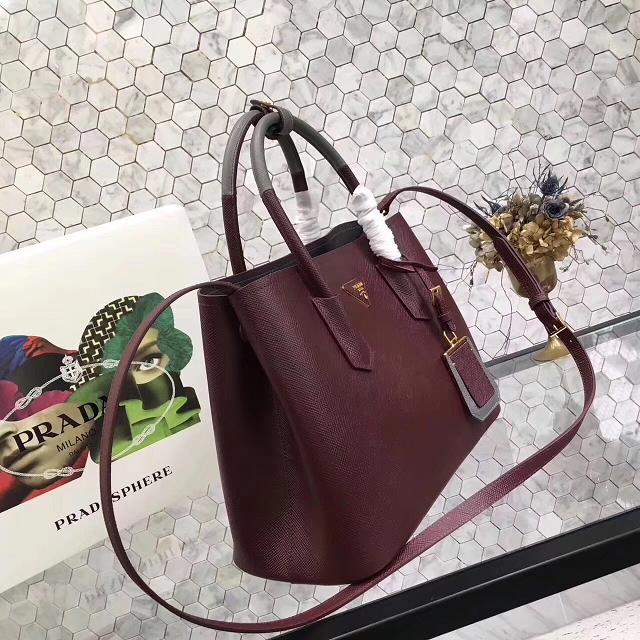 Prada medium saffiano lux tote original leather bag bn2755 burgundy&gray