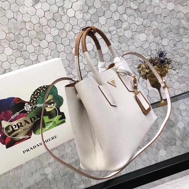 Prada medium saffiano lux tote original leather bag bn2755 white&tan