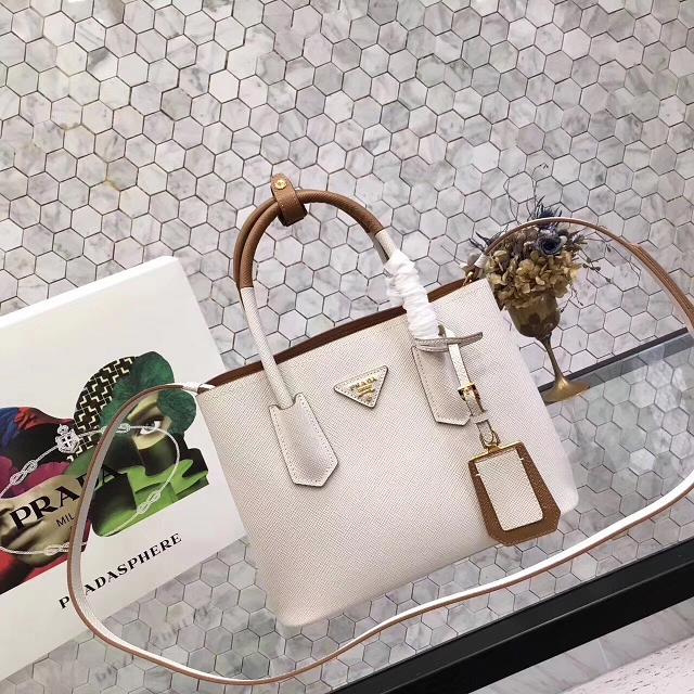 Prada small saffiano lux tote original leather bag bn2754 white&tan