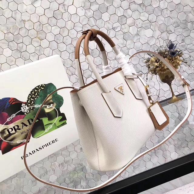 Prada small saffiano lux tote original leather bag bn2754 white&tan