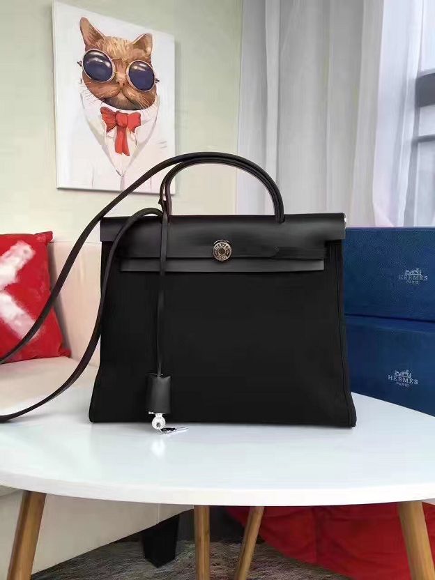 2017 hermes calfskin leather&canvas her bag H31 black