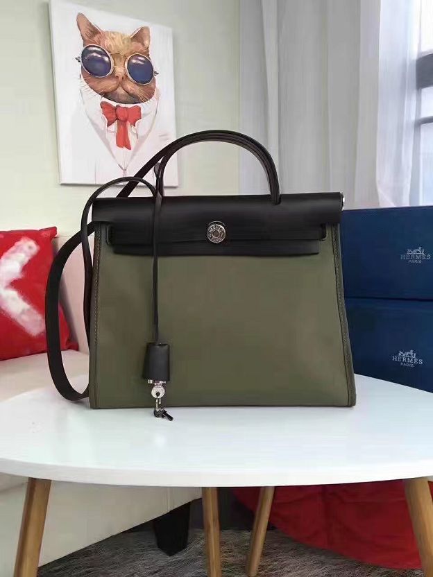 Hermes original canvas&calfskin leather small her bag H031 black&olive