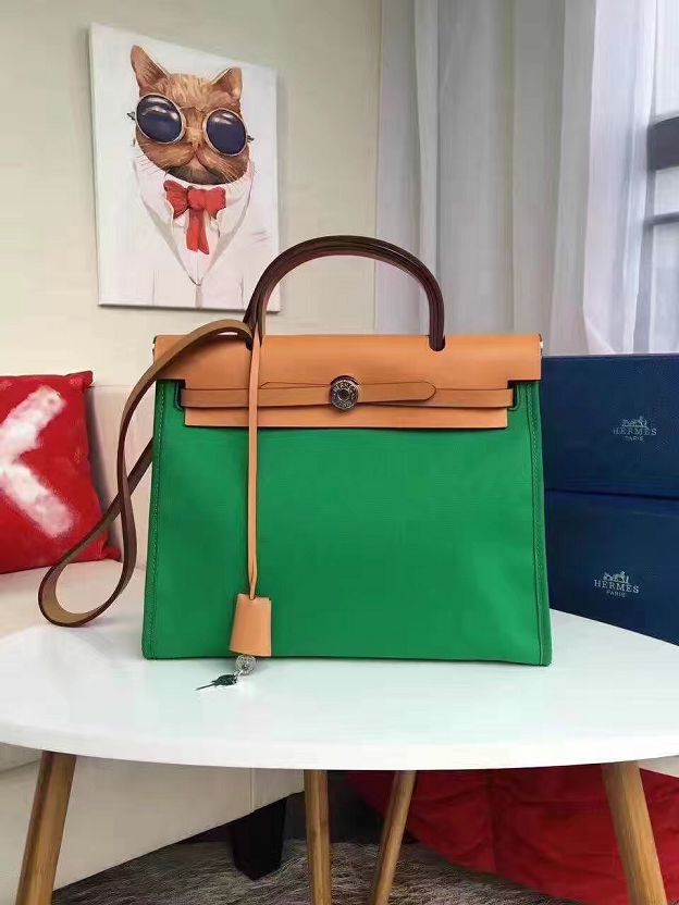 2017 hermes calfskin leather&canvas her bag H31 coffee&green