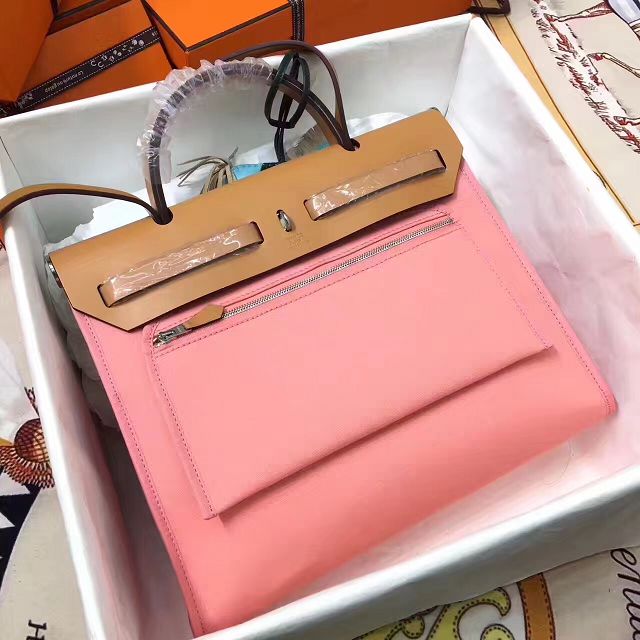 Hermes original canvas&calfskin leather small her bag H031 coffee&pink