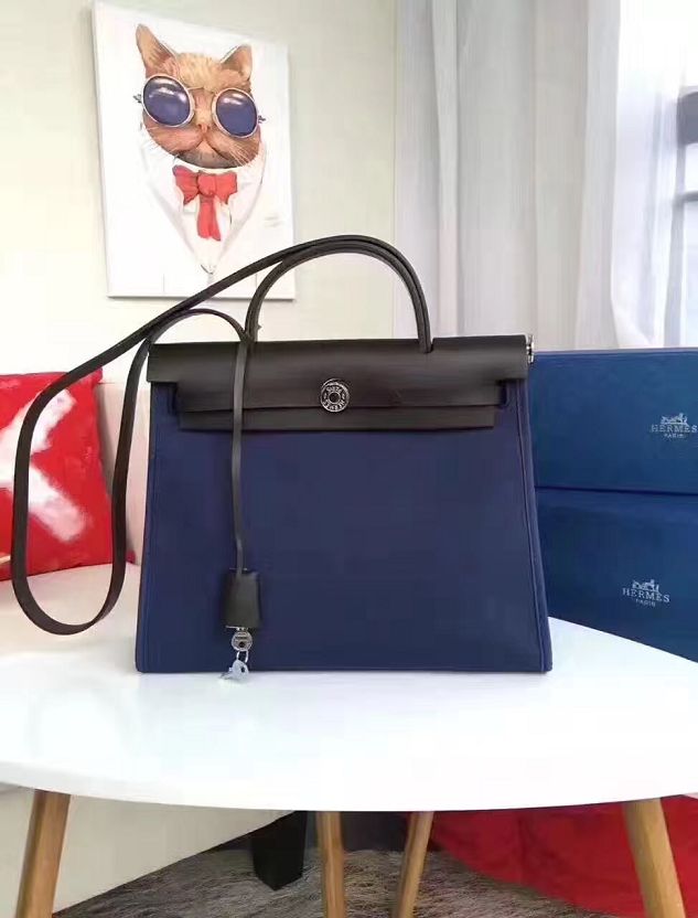 2017 hermes canvas&calfskin leather her bag H31 deep blue&black