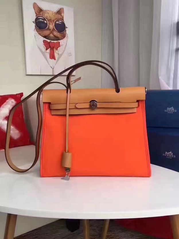 2017 hermes calfskin leather&canvas her bag H31 orange&coffee