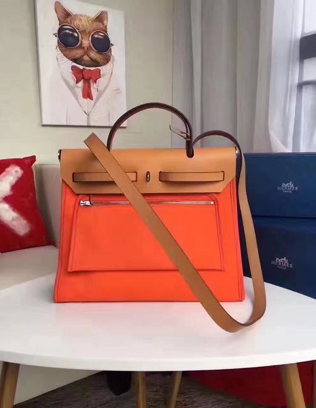 2017 hermes calfskin leather&canvas her bag H31 orange&coffee