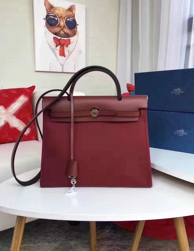 Hermes original canvas&calfskin leather small her bag H031 wine