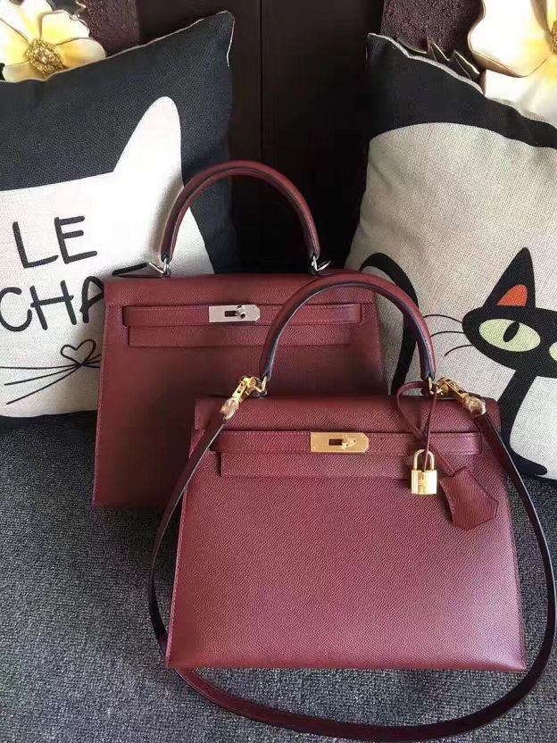 Hermes original epsom leather kelly 32 bag K32-1 wine