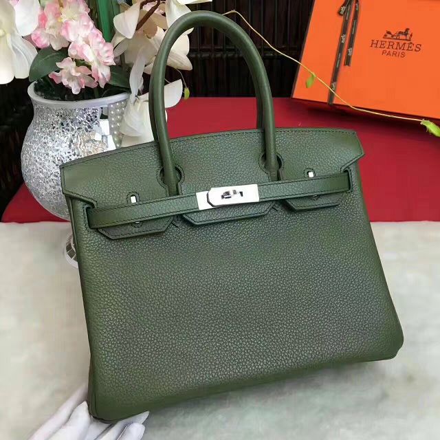 Hermes original togo leather birkin 25 bag H25-1 blackish green