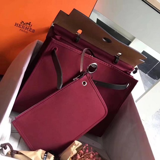 Hermes original canvas&calfskin leather large her bag H039 black&bordeaux