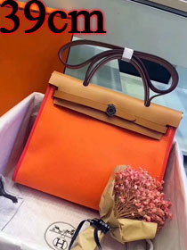 Hermes original canvas&calfskin leather large her bag H039 coffee&orange