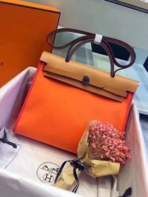 Hermes original canvas&calfskin leather small her bag H031 coffee&orange