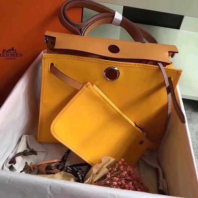 Hermes original canvas&calfskin leather small her bag H031 coffee&yellow
