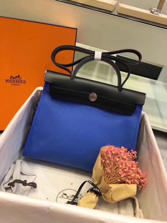2018 hermes original canvas&calfskin leather her bag H039 black&blue