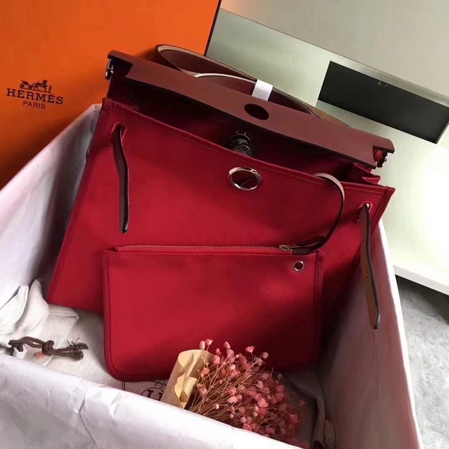 Hermes original canvas&calfskin leather large her bag H039 bordeaux&rose red