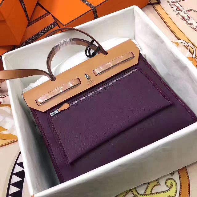 Hermes original canvas&calfskin leather large her bag H039 coffee&purple