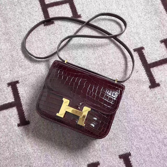 Hermes 100% genuine crocodile leather constance bag C0023 burgundy