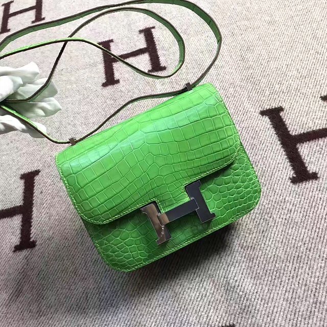 Top hermes 100% genuine crocodile leather constance bag C0023 green