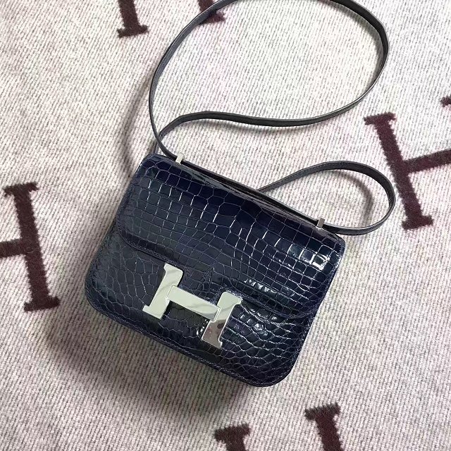 Top hermes 100% genuine crocodile leather constance bag C0023 navy blue