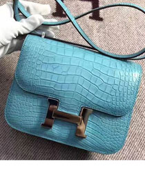 Top hermes 100% genuine crocodile leather constance bag C0023 sky blue