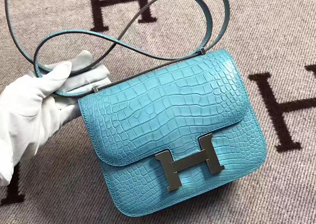 Top hermes 100% genuine crocodile leather constance bag C0023 sky blue