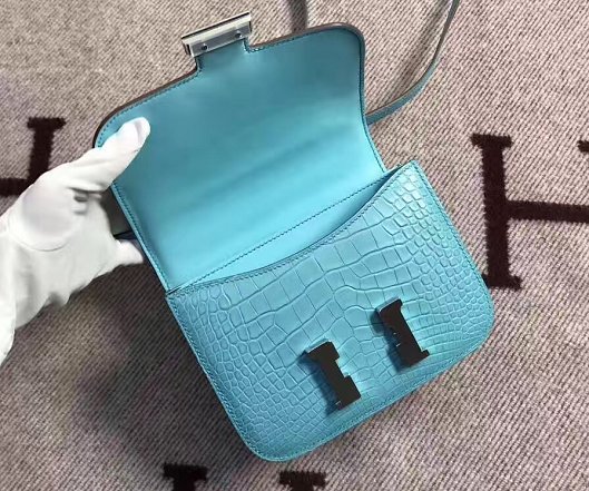 Top hermes 100% genuine crocodile leather constance bag C0023 sky blue