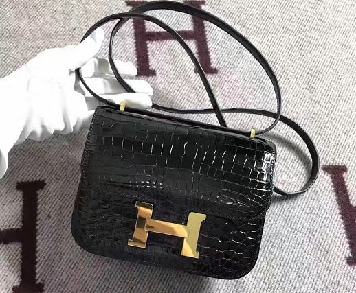 Top hermes 100% genuine crocodile leather small constance bag C0019 black