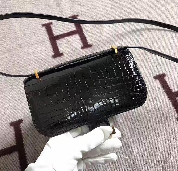 Top hermes 100% genuine crocodile leather small constance bag C0019 black