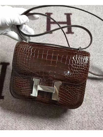 Top hermes 100% genuine crocodile leather small constance bag C0019 dark coffee