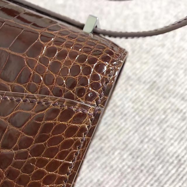 Top hermes 100% genuine crocodile leather small constance bag C0019 dark coffee