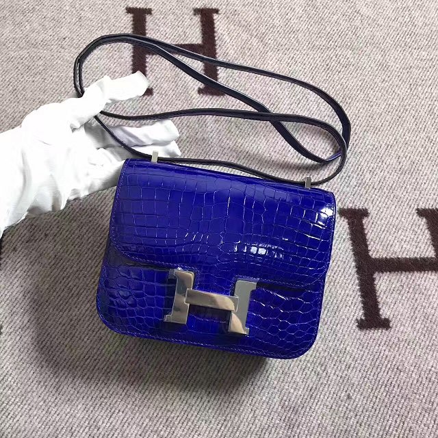 Top hermes 100% genuine crocodile leather small constance bag C0019 royal blue