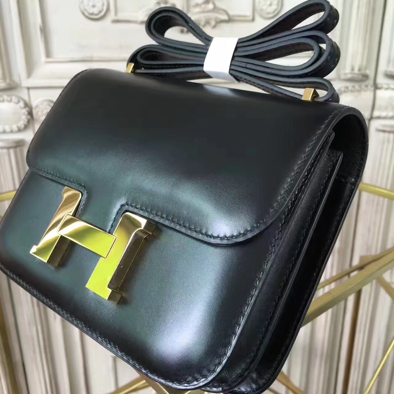 Hermes original box leather constance bag C023 black