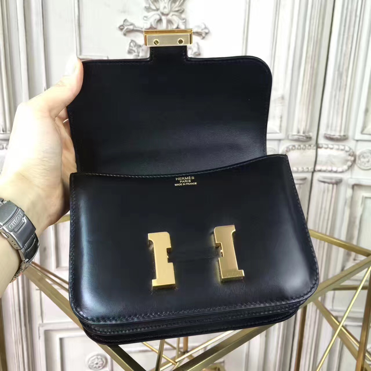 Hermes original box leather constance bag C023 black