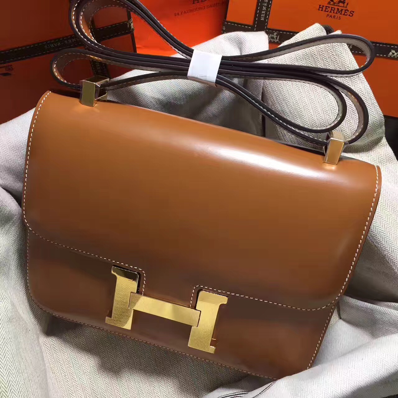 Hermes original box leather constance bag C023 coffee