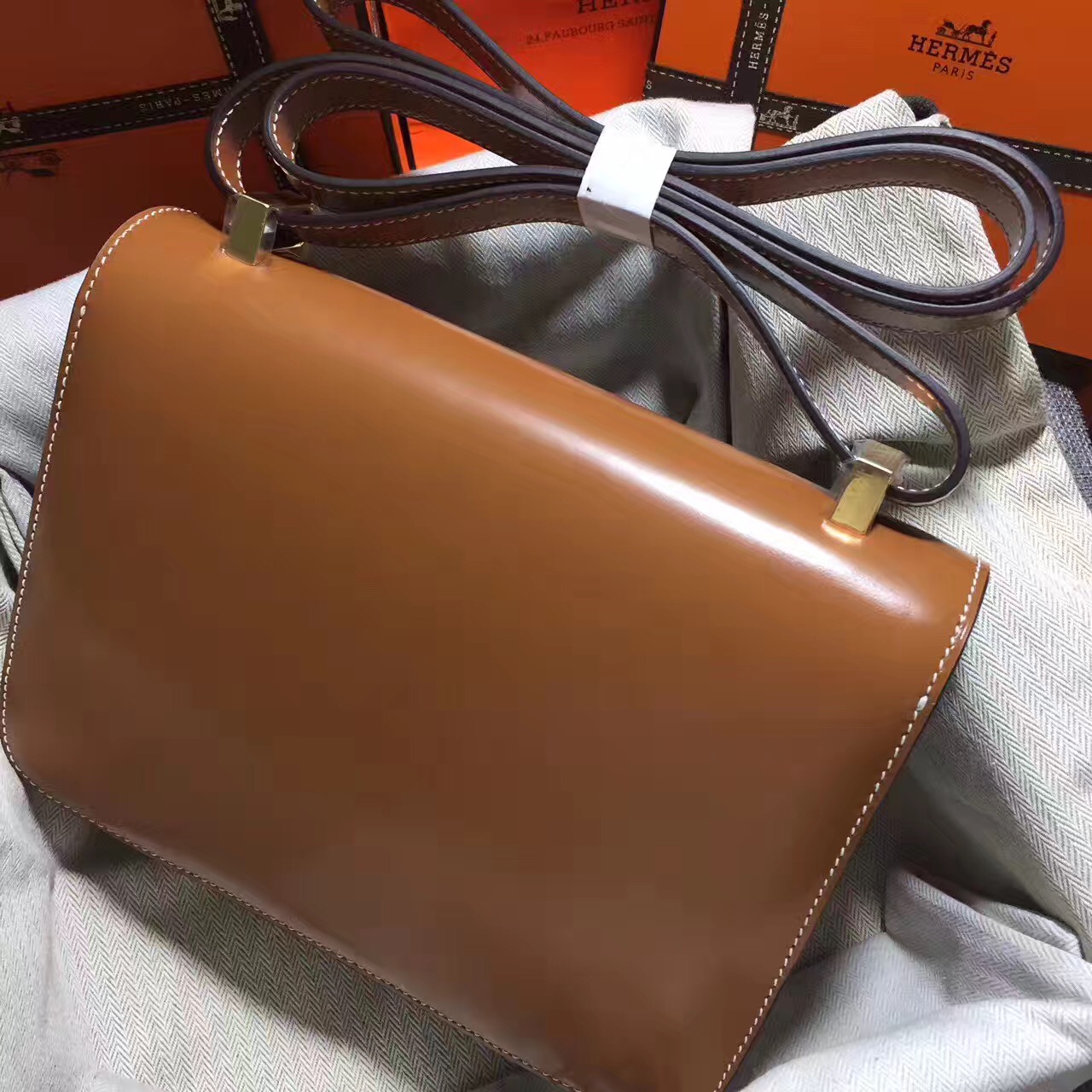 Hermes original box leather constance bag C023 coffee