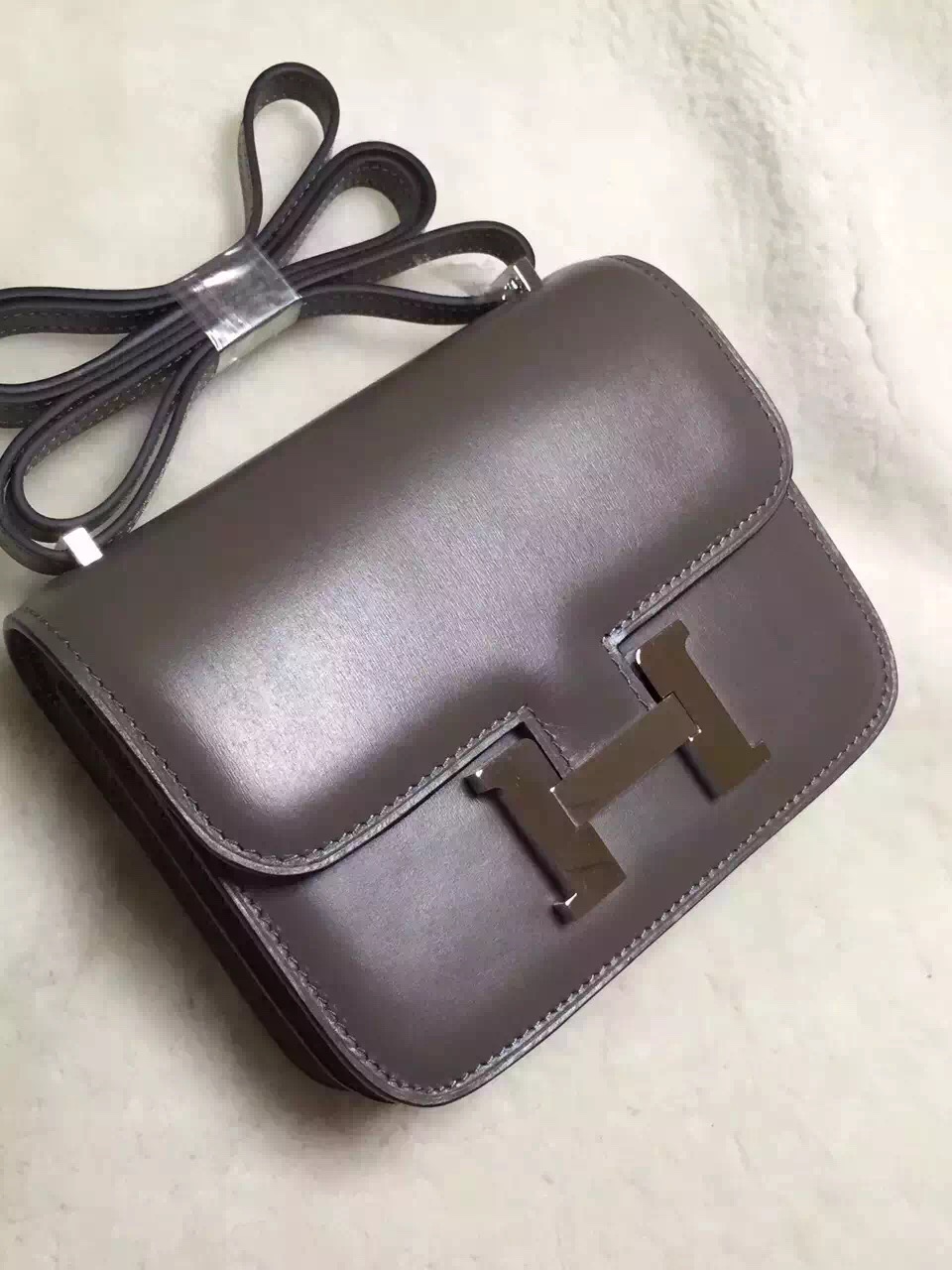 Hermes original box leather constance bag C023 gray