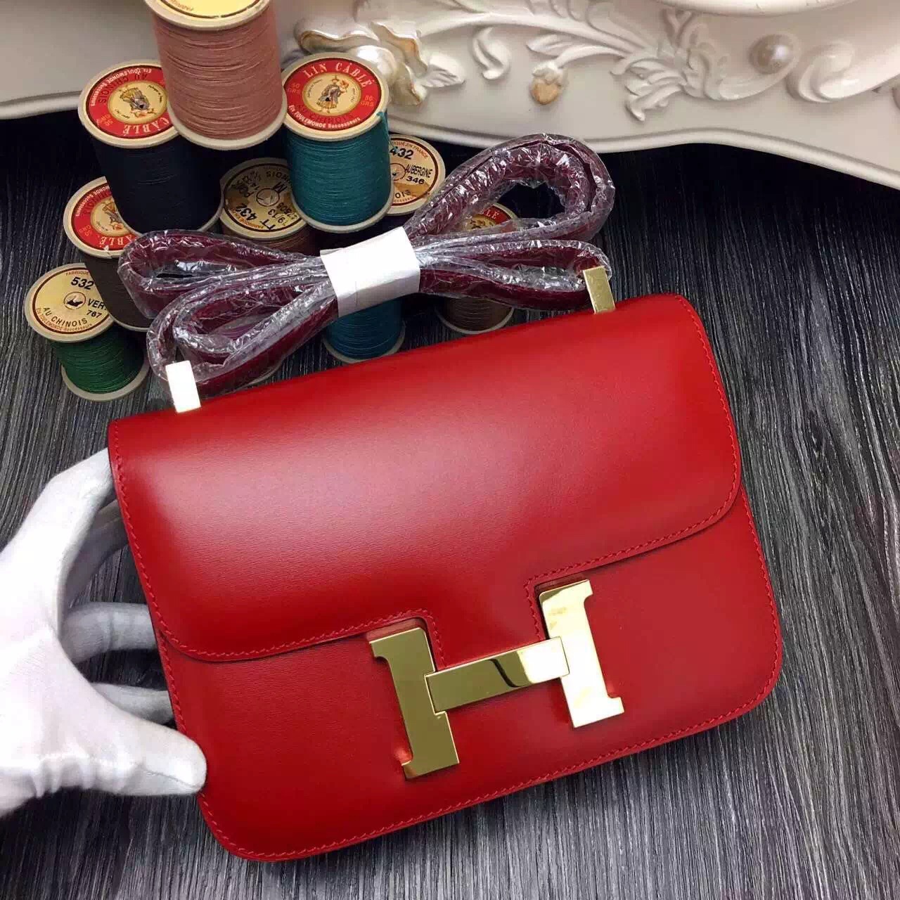 Hermes original box leather constance bag C023 red