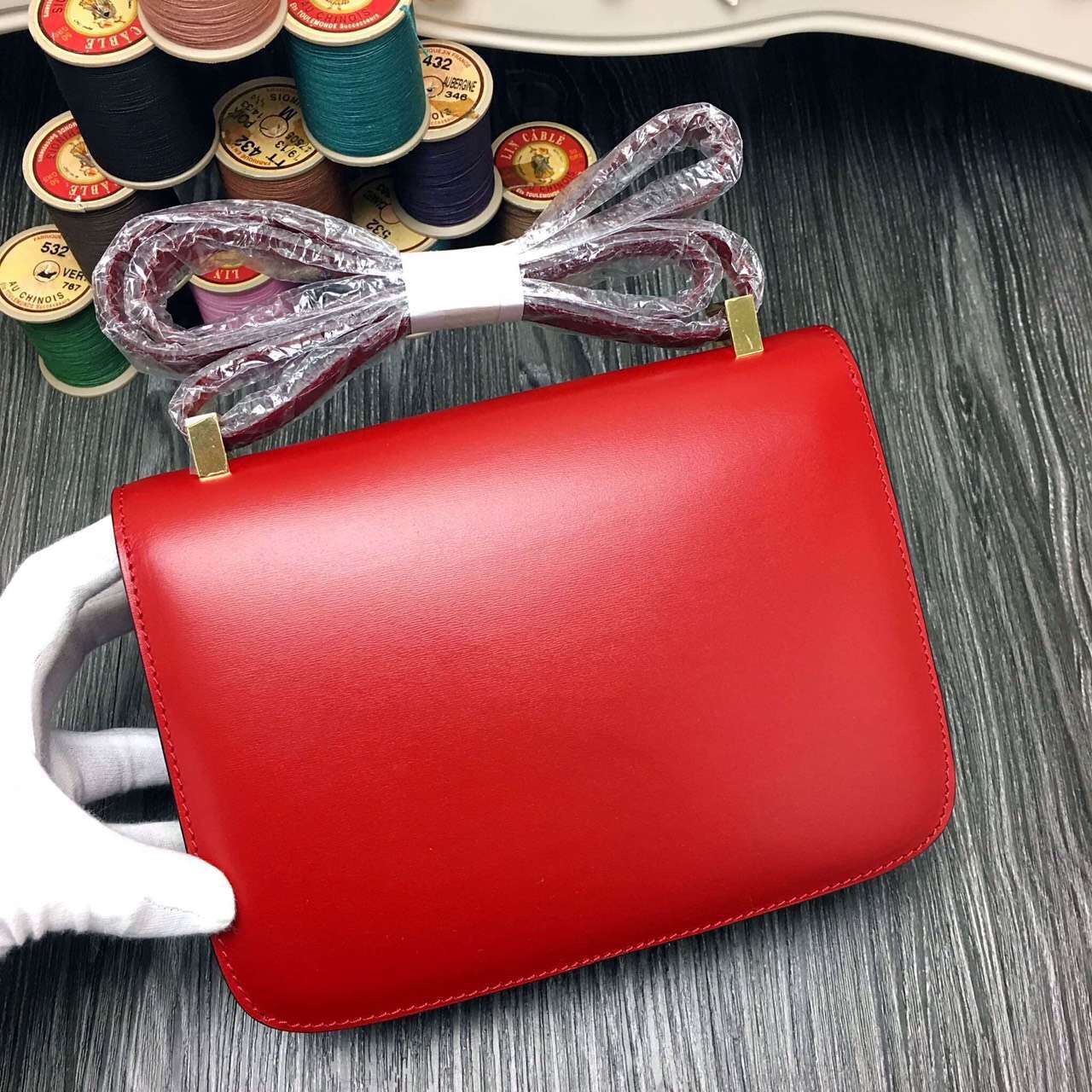 Hermes original box leather constance bag C023 red