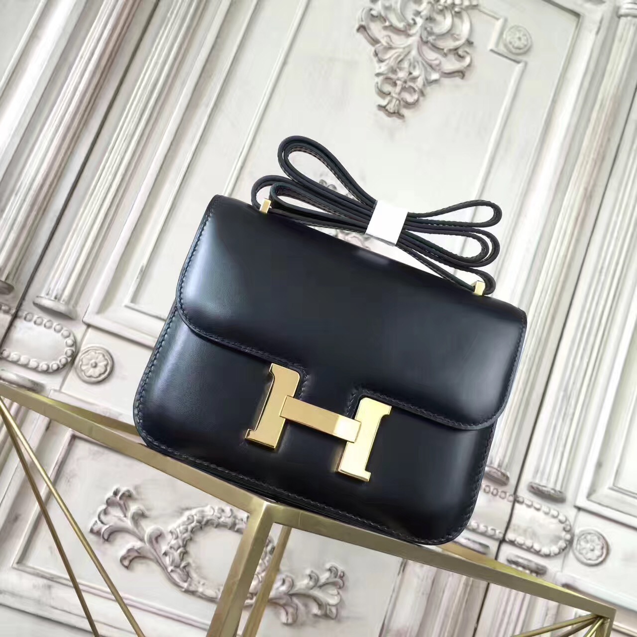 Hermes original box leather small constance bag C019 black