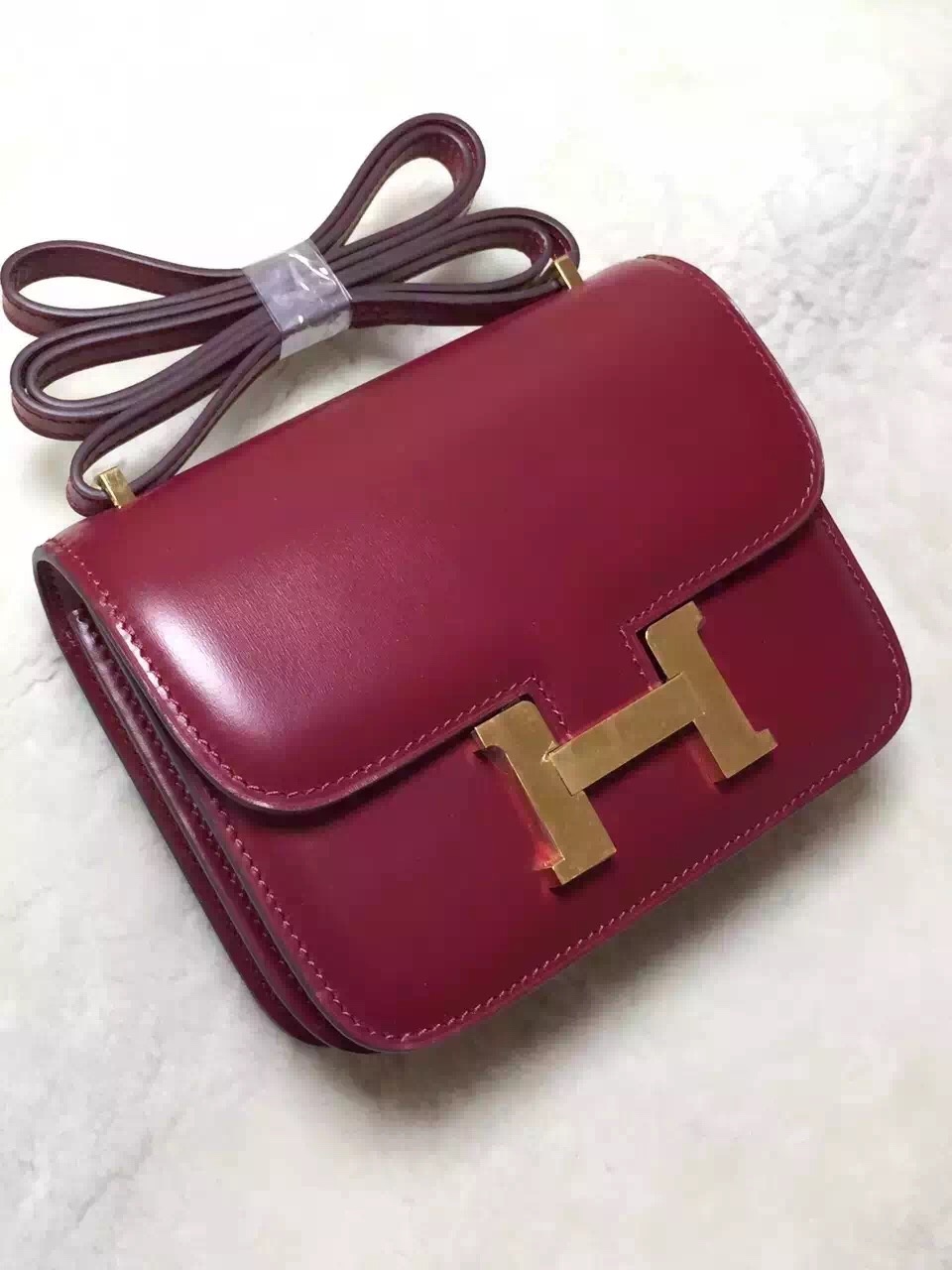 Hermes original box leather small constance bag C019 bordeaux