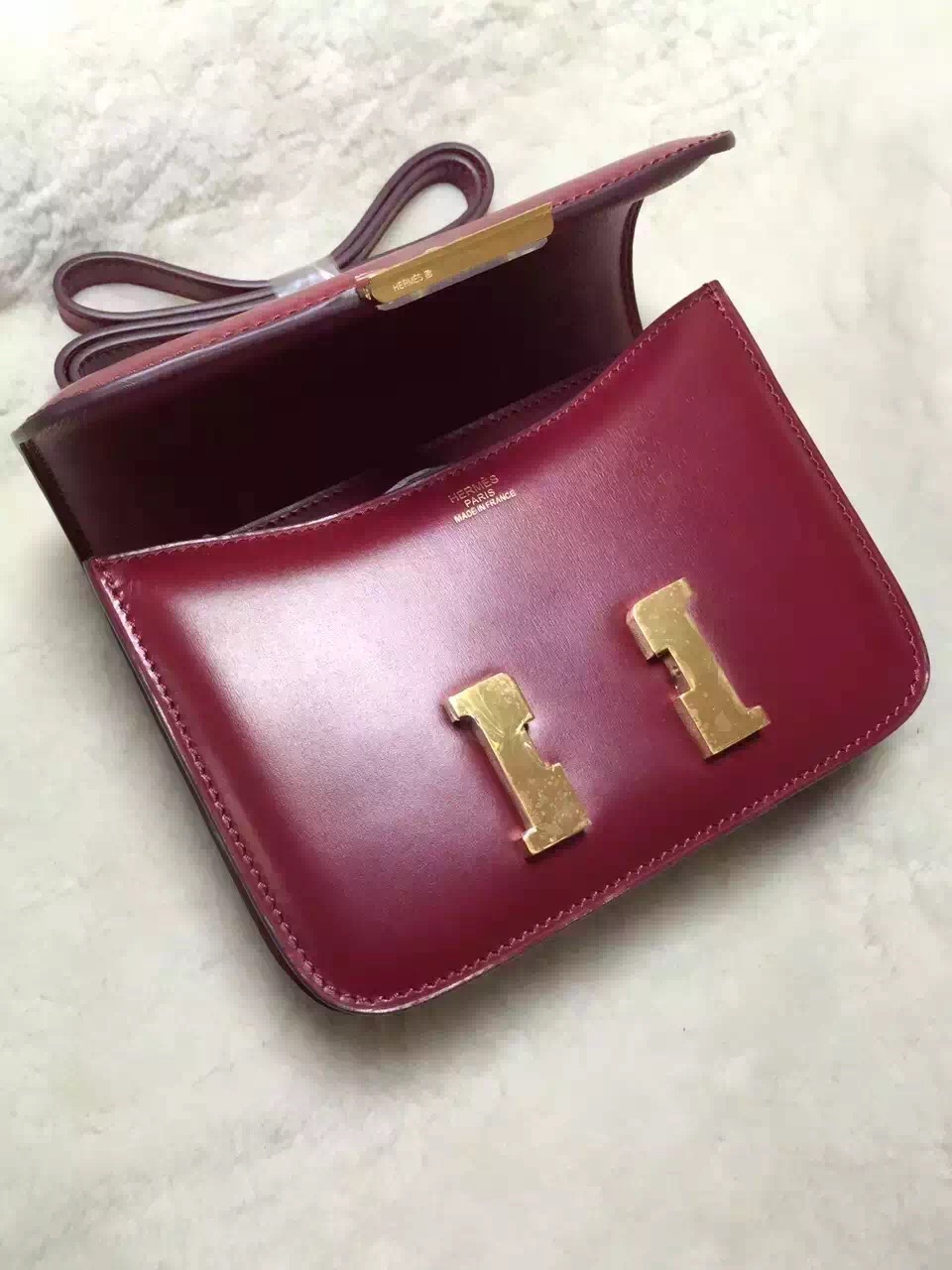 Hermes original box leather small constance bag C019 bordeaux