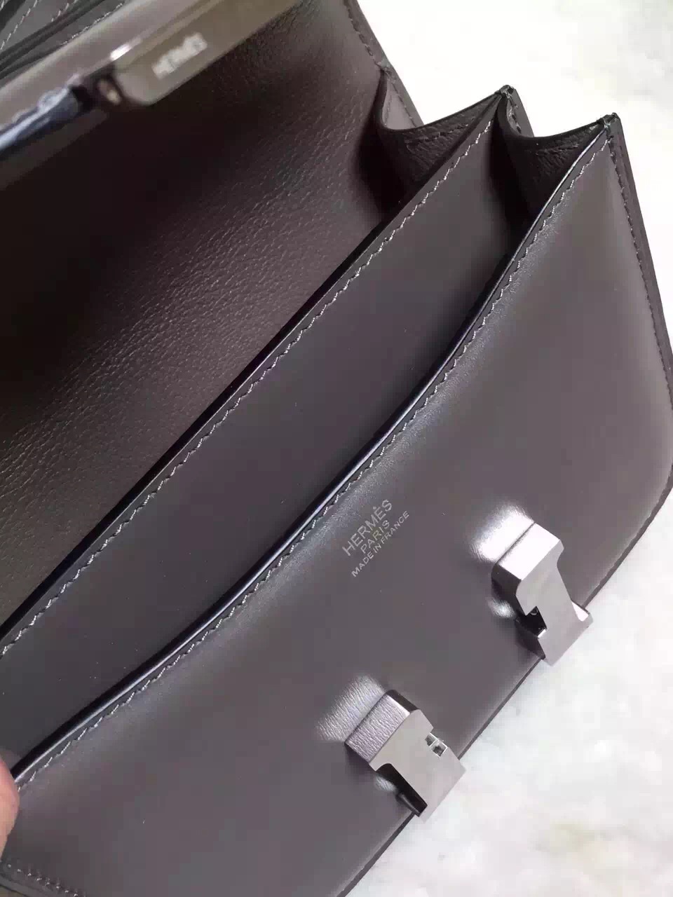 Hermes original box leather small constance bag C019 gray