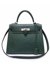 Top hermes genuine 100% ostrich leather handmade kelly 32 bag K320 blackish green