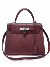 Top hermes genuine 100% ostrich leather handmade kelly 32 bag K320 wine red