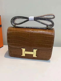 Hermes calfskin leather crocodile constance bag C023 coffee