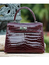 Top hermes genuine 100% crocodile leather handmade kelly 32 bag K320 bordeaux