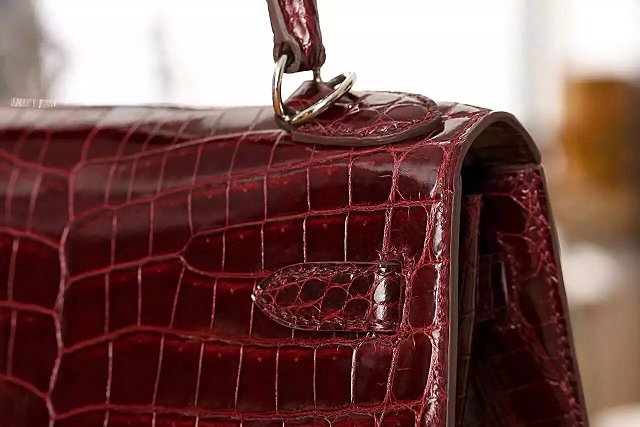 Top hermes genuine 100% crocodile leather handmade kelly 32 bag K320 bordeaux