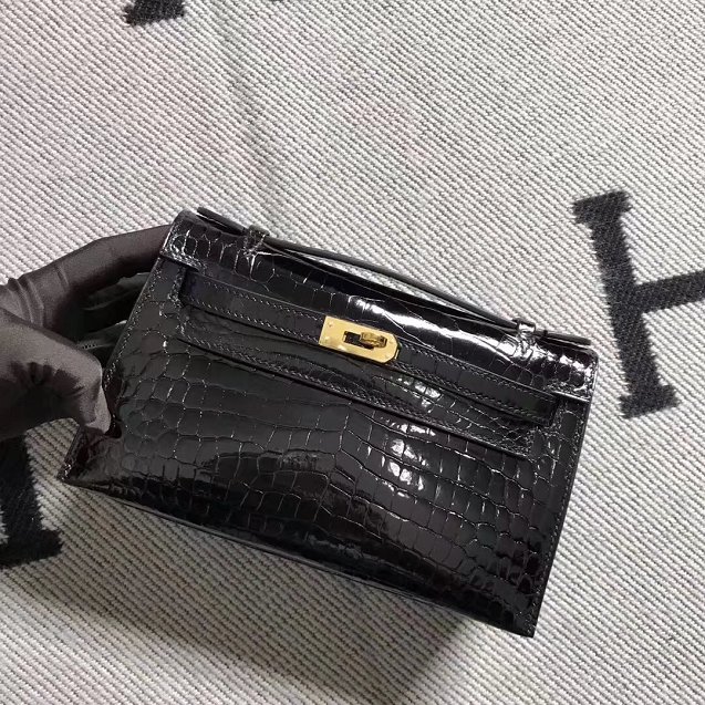 Top hermes genuine 100% crocodile leather handmade mini kelly clutch K220 black